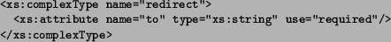 \begin{figure}
\begin{small}
\begin{verbatim}
<xs:complexType name=''redire...
...=''required''/>
</xs:complexType>\end{verbatim}
\end{small}
\end{figure}