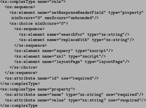 \begin{figure}
\begin{small}
\begin{verbatim}
<xs:complexType name=''rule''...
...e=''required''/>
</xs:complexType\end{verbatim}
\end{small}
\end{figure}