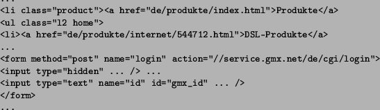 \begin{figure}
\begin{small}
\begin{verbatim}
...
<li class=''product''><a ...
... id=''gmx_id'' ... />
</form>
...\end{verbatim}
\end{small}
\end{figure}