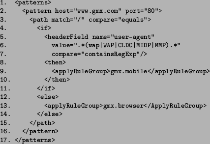 \begin{figure}
\begin{small}
\begin{verbatim}
1. <patterns>
2. <pattern hos...
...h>
16. </pattern>
17. </patterns>\end{verbatim}
\end{small}
\end{figure}