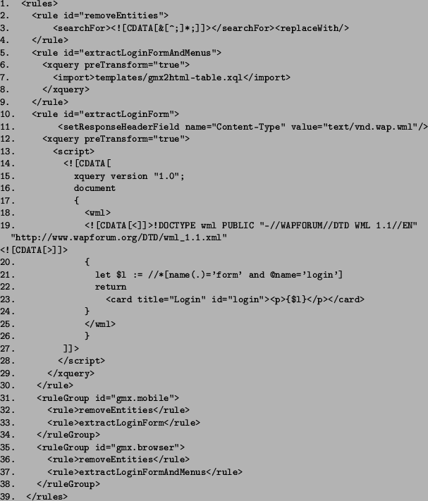 \begin{figure}
\begin{small}
\begin{verbatim}
1. <rules>
2. <rule id=''remo...
...le>
38. </ruleGroup>
39. </rules>\end{verbatim}
\end{small}
\end{figure}