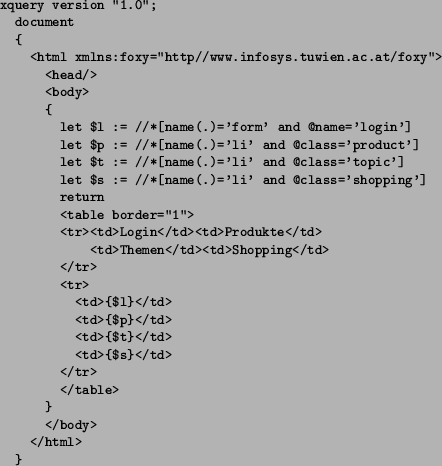 \begin{figure}
\begin{small}
\begin{verbatim}
xquery version ''1.0'';
docu...
.../table>
}
</body>
</html>
}\end{verbatim}
\end{small}
\end{figure}