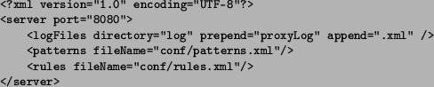 \begin{figure}
\begin{small}
\begin{verbatim}
<?xml version=''1.0'' encod...
...=''conf/rules.xml''/>
</server>\end{verbatim}
\end{small}
\end{figure}